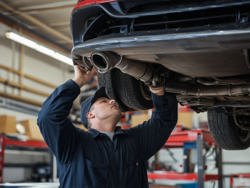 Professional automotive technician working on exhaust system in modern garage