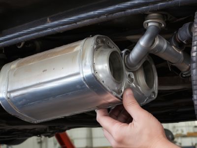 Professional muffler repair service showing damaged and replacement muffler components