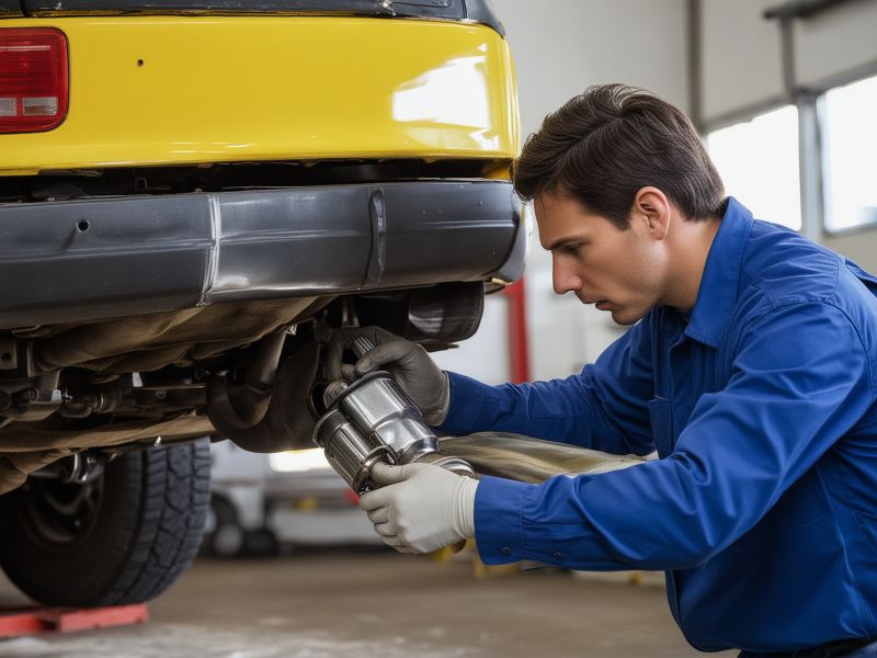 Professional mechanic inspecting damaged muffler during diagnostic service