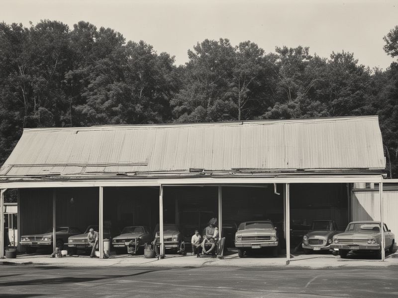 Historic photo showing the evolution of Calautti Muffler shop from small garage to modern facility
