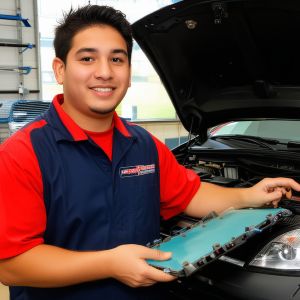 Junior technician Mike Rodriguez with specialized training in modern vehicle diagnostics