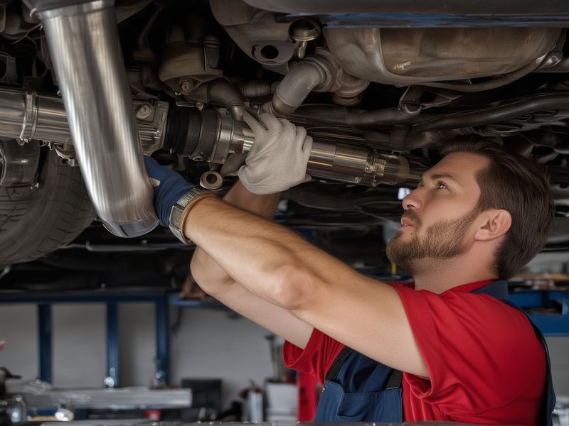 Professional mechanic working on exhaust system showing quality tools and workspace