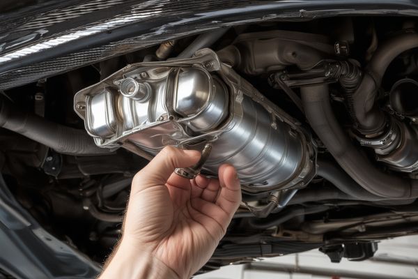 Catalytic converter replacement showing new EPA-compliant unit installation on Honda Civic